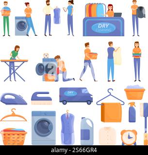 Symbole für die chemische Reinigung eingestellt. Zeichentricksatz von chemischen Reinigungsvektorsymbolen für Webdesign. Chemische Reinigung Symbole Set, Cartoon Stil Stock Vektor