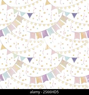 Nahtloses Muster von festlichen Fahnen und Girlanden in Aquarellfarben. Kann als festliches Design, Dekoration verwendet werden. Ideal zum Bedrucken von Tapeten, Geschenkpapier, Grußkarten, Textilien Stockfoto