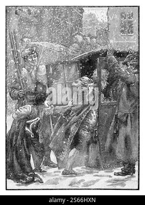 Gravur „an Old Fashioned Winter – Going to the Corporation Dinner“. Ein Gravur eines großen Mannes, der im 18. Jahrhundert in einen Sedanstuhl im Schnee eintrat. From the Boy's Own Paper Annual 1891/1892. Stockfoto