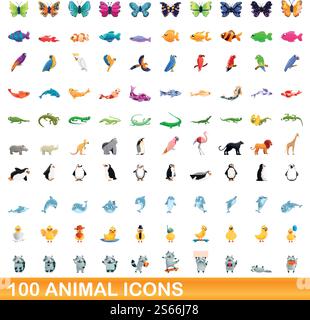 100 Tiersymbole gesetzt. Zeichentrickillustration von 100 Tiersymbolen Vektorsatz isoliert auf weißem Hintergrund. 100 Tiersymbole im Cartoon-Stil Stock Vektor