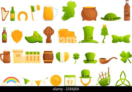 Irland Symbole gesetzt. Zeichentrickserie von Irland Vektor-Icons für Web-Design. Irische Ikonen Set, Cartoon-Stil Stock Vektor