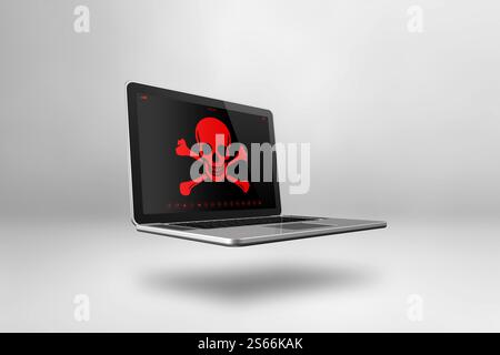 Laptop mit Piratensymbol auf dem Bildschirm. Hacking und Virenkonzept. 3D-Illustration isoliert auf weißem Hintergrund. Laptop mit Piratensymbol Stockfoto