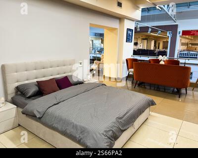 Ein zeitgenössisches Innenleben mit einem gut dekorierten Schlafzimmer und einem angrenzenden Essbereich mit komfortablen und stilvollen Möbeln, das moderne DE präsentiert Stockfoto