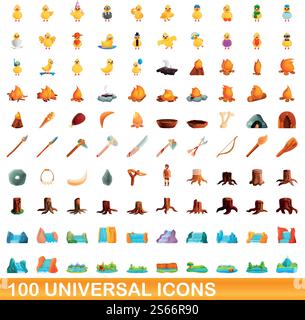 100 universelle Symbole. Zeichentrickillustration von 100 universellen Symbolen Vektor-Satz isoliert auf weißem Hintergrund. 100 universelle Symbole im Cartoon-Stil Stock Vektor