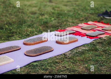 Stehen auf Sadhu-Brett, Prozess des barfuss Stehen auf Nägeln Therapie, Ansicht der Beine Füße auf Nägeln, Yoga und Sadhu Praxis, Outdoor Meditation mit n Stockfoto