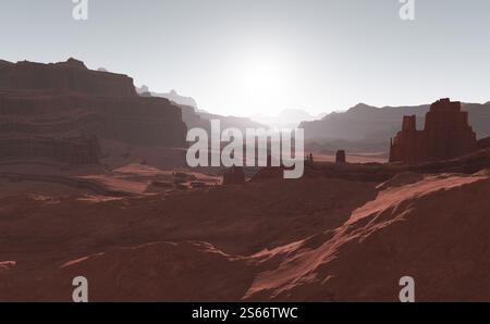 Sonnenuntergang auf dem Mars. Marsberge, Blick vom Tal Stockfoto