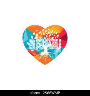 Baumwurzeln, herzförmiges Vektorlogo. Baumwurzeln Natur Liebe Vektor Logo Designvorlage. Stock Vektor