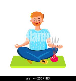 Meditierender Mensch Und Brennender Aromatischer Räuchervektor. Charakterjunge Mit Geschlossenen Augen, Der Auf Dem Yoga-Mattenteppich In Lotusposition Sitzt Und Weihrauch Verbrennt. Illustration Des Flachen Zeichentrickfilms Für Spirutalität. Meditierender Mensch Und Brennender Aromatischer Räuchervektor Stock Vektor