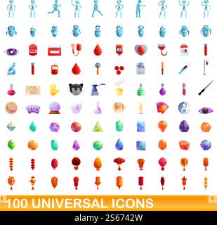100 universelle Symbole. Zeichentrickillustration von 100 universellen Symbolen Vektor-Satz isoliert auf weißem Hintergrund. 100 universelle Symbole im Cartoon-Stil Stock Vektor