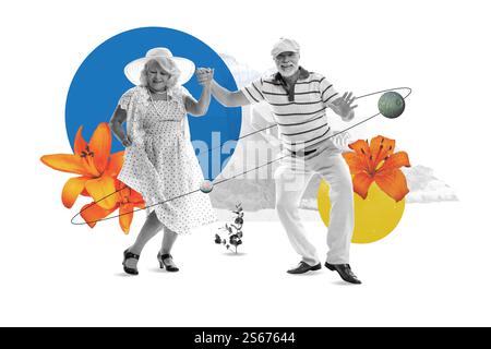 Einfarbiges älteres Paar, das Hände hält und fröhlich tanzt, gekleidet in leichte Sommerkleidung und Hüte. Kreative Kunstcollage. Stockfoto
