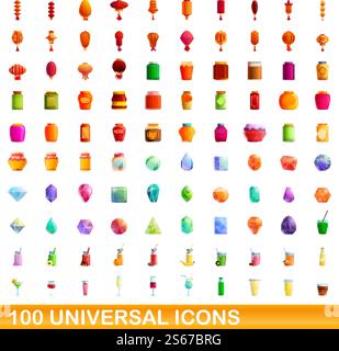 100 universelle Symbole. Zeichentrickillustration von 100 universellen Symbolen Vektor-Satz isoliert auf weißem Hintergrund. 100 universelle Symbole im Cartoon-Stil Stock Vektor