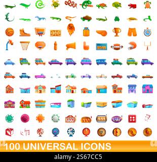 100 universelle Symbole. Zeichentrickillustration von 100 universellen Symbolen Vektor-Satz isoliert auf weißem Hintergrund. 100 universelle Symbole im Cartoon-Stil Stock Vektor