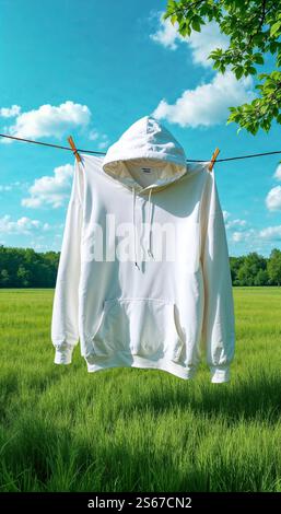 Ein weißer Kapuzenpullover am Leinen an einem Sommertag Stockfoto