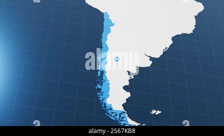 Blaue Chile 3D-Karte mit Pointer Pin, umgeben von anderen Ländern in weiß. Politische Karte mit Grenzen. 3D-Rendering-Abbildung Stockfoto