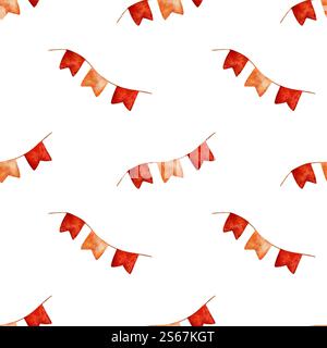 Handgezeichnetes nahtloses Aquarellmuster mit festlichen roten und orangen Fahnen. Lebhafte warme Töne, fröhlicher und dekorativer Look. Ideal für Geschenkverpackungen und Partys Stockfoto