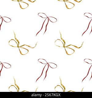 Handgezeichnetes nahtloses Aquarellmuster mit roten Herzen und dekorativen Schleifen. Sanfte Rot-, Orange- und Grüntöne. Romantisch und elegant. Ideal für Stockfoto