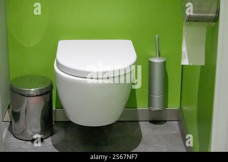 Eine weiße, an der Wand montierte Toilettenschüssel mit Deckel nach unten, eine silberne Toilettenbürste und ein Metallmüll auf einem hellgrünen Hintergrund. Stockfoto