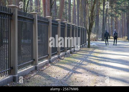 Ein Metallzaun mit Betonpfosten, der sich entlang eines Waldweges erstreckt, auf dem zwei Personen laufen. Stockfoto