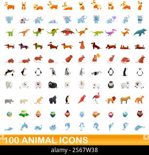 100 Tiersymbole gesetzt. Zeichentrickillustration von 100 Tiersymbolen Vektorsatz isoliert auf weißem Hintergrund. 100 Tiersymbole im Cartoon-Stil Stock Vektor