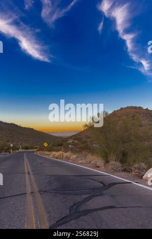 Dieses Foto fängt die raue Schönheit von Tucson, Arizona, mit seiner dramatischen Berglandschaft am Horizont ein. Saguaro-Kakteen Stockfoto