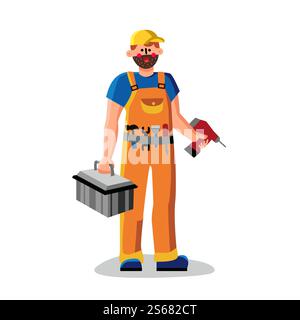 Reparieren Sie Den Man Holding Drill Und Instrumentenkasten Vektor. Servicebetrieb Technische Hilfe Mit Arbeitsanzug Halten Sie Die Toolbox Und Die Ausrüstung Zum Befestigen. Zeichentrickzeichnung Für Den Technischen Service Des Zeichentrickers. Reparieren Sie Den Man Holding Drill Und Instrumentenkasten Vektor Stock Vektor