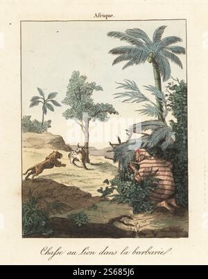 Ein Berbermann jagt einen Löwen in den Berberstaaten, Tunesien und Algerien, Nordafrika. Eine Kuh wird als Köder für den Berberlöwen Panthera leo leo (heute ausgestorben) an einen Baum gebunden. Der Jäger wartet in einem Fell aus Laub mit seiner Muskete. Chasse au Lion dans la Barbarie. Handkolorierter Kupferstich aus Moeurs et Coutumes des Peuples ou Collection de Tableaux représentant les usages remarquables, les mariages, funérailles, supplices et fêtes des diverses Nations du Monde, Manners and Customs of Peoples, Veuve Hocquart, Paris, 1811. Stockfoto