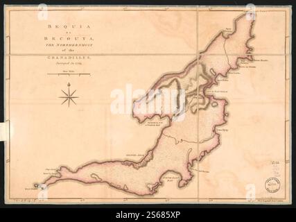 Bequia oder Becouya, der nördlichste der Granadilles, wurde 1763 vermessen. 1763 von [Jefferys Thomas] Stockfoto