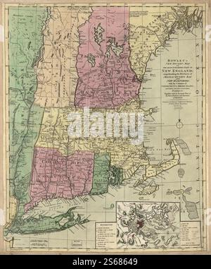 Bowles neue Taschenkarte des am meisten bewohnten Teils New Englands; umfasst die Provinzen von Bay und New Hampshire; mit den Kolonien Connecticut & Rhode Island; unterteilt in ihre Countys, Townships, &c. Zusammen mit einem genauen Plan der Stadt, des Hafens und der Umgebung von Boston. 1780 von Bowles Carington Stockfoto