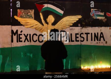 Mexiko-Stadt, Mexiko. Januar 2025. Eine Demonstration fand vor dem Engel der Unabhängigkeit in Mexiko-Stadt statt, nachdem Israel und die Hamas einem Waffenstillstand in Gaza und der Freilassung von Geiseln zugestimmt hatten. Die Teilnehmer des Protestes forderten internationale Maßnahmen, um ein Ende der Besetzung palästinensischer Gebiete zu fordern. (Kreditbild: © Cristian Leyva/ZUMA Press Wire) NUR REDAKTIONELLE VERWENDUNG! Nicht für kommerzielle ZWECKE! Stockfoto