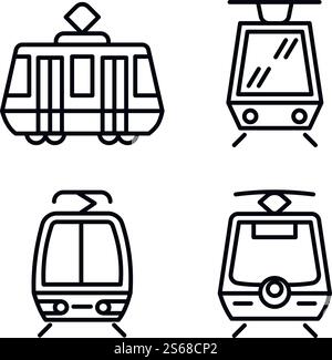 Symbole für Straßenbahnwagen gesetzt. Umrisssatz von Straßenbahnwagen-Vektorsymbolen für Webdesign isoliert auf weißem Hintergrund. Straßenbahnwagen-Symbole gesetzt, umrissener Stil Stock Vektor