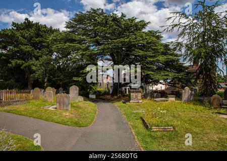 Ein Blick auf den Friedhof der Heiligen Dreifaltigkeit Kirche in der Marktstadt Rayleigh in Essex, Großbritannien. Stockfoto