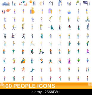 100 Symbole für Personen eingestellt. Zeichentrickillustration von 100 Menschen Icons Vektor auf weißem Hintergrund isoliert gesetzt. 100 Personen Ikonen gesetzt, Cartoon-Stil Stock Vektor