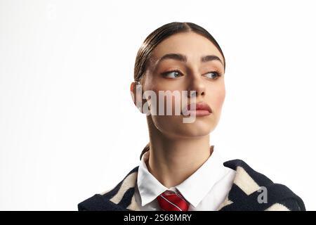 Eine schöne junge Frau zeigt einen tiefen emotionalen Ausdruck, während sie elegant gekleidet ist. Stockfoto
