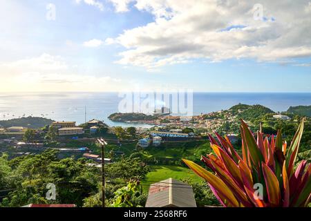 Saint George s, Grenada, Karibik - 10. Januar 2025: Blick auf das Kreuzfahrtschiff MSC Virtuosa im Hafen von Saint George s, der Hauptstadt von Grenada, mit der malerischen Karibikküste im Hintergrund *** Blick auf das Kreuzfahrtschiff MSC Virtuosa im Hafen von Saint George s, der Hauptstadt von Grenada, mit der malerischen Karibikküste im Hintergrund Stockfoto