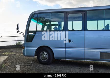 Saint George s, Grenada, Karibik - 10. Januar 2025: Ein Touristenbus wartet an einem Aussichtspunkt in der Nähe von Saint George s, Grenada, als Teil eines Ausflugs in der malerischen Karibik *** ein Touristenbus wartet auf einen Aussichtspunkt nahe Saint George s, Grenada, als Teil eines Ausflugs in der malerischen Karibik Stockfoto