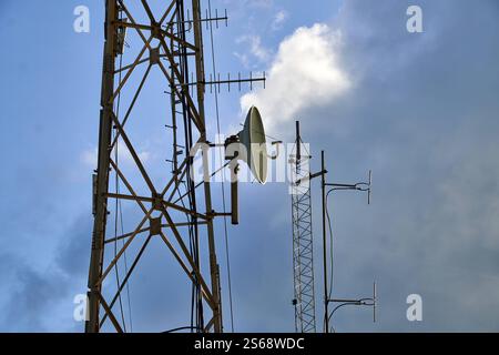 Saint George s, Grenada, Karibik - 10. Januar 2025: Ein Antennenmast mit Funkrelais und Mobilfunkantennen auf Grenada, der für Telekommunikation und Empfang in der Karibik genutzt wird *** ein Antennenmast mit Richtfunkanlage und Mobilfunkantennen auf Grenada, der für die Telekommunikation und den Empfang in der Karibik genutzt wird Stockfoto
