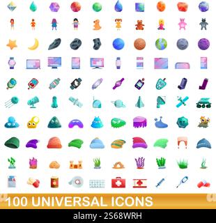 100 universelle Symbole. Zeichentrickillustration von 100 universellen Symbolen Vektor-Satz isoliert auf weißem Hintergrund. 100 universelle Symbole im Cartoon-Stil Stock Vektor