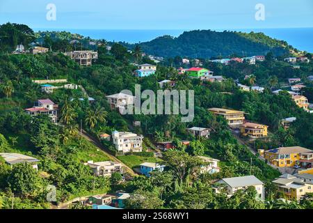 Saint George s, Grenada, Karibik - 10. Januar 2025: Ein malerischer Ausblick auf grüne Hügel, tropischen Wald und bunte Häuser auf der Insel Grenada in der Karibik, umgeben von Bergen *** ein malerischer Ausblick auf grüne Hügel, tropischen Wald und bunte Häuser auf der Insel Grenada in der Karibik, umgeben von Bergen Stockfoto