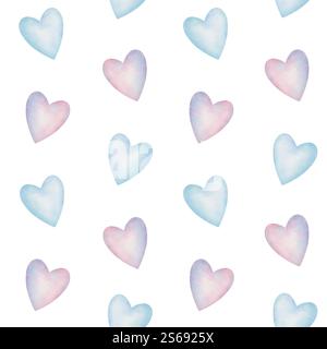 Blaues und violettes Herzmuster. Niedlicher Aquarellhintergrund für Valentinstag-Dekoration, Tapeten oder Stoffdesign. Stockfoto