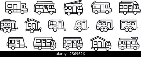 Symbole für Wohnmobile eingestellt. Kontursatz von Vektorsymbolen für das Webdesign isoliert auf weißem Hintergrund. Mobil-Symbole Set, Umrissstil Stock Vektor