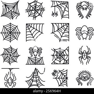 Spider-Symbole eingestellt. Kontursatz von Spider-Vektor-Symbolen für Webdesign isoliert auf weißem Hintergrund. Spider-Symbol-Set, Outline-Stil Stock Vektor