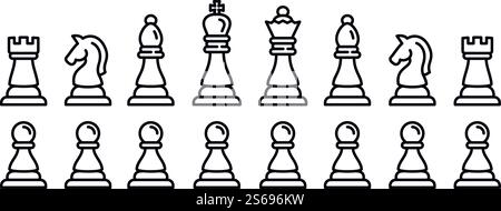Schachsymbole gesetzt. Kontursatz von Schachvektorsymbolen für Webdesign isoliert auf weißem Hintergrund. Schachsymbole gesetzt, Umrissstil Stock Vektor