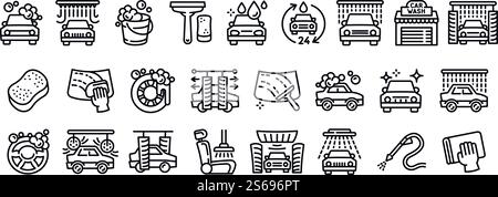 Symbole für die Waschanlage gesetzt. Kontursatz von Vektorsymbolen für die Waschanlage für Webdesign isoliert auf weißem Hintergrund. Symbole für die Waschanlage Set, Umrissstil Stock Vektor