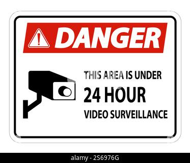 Gefahr in diesem Bereich liegt das Symbol für die Videoüberwachung unter 24 Stunden, isoliert auf weißem Hintergrund, Vektorgrafik Stock Vektor