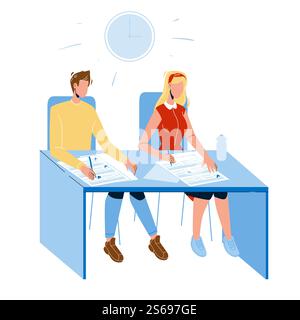 Schülerprüfung Schreiben Sie Auf Papier Antwortbogen Schwarze Linie Bleistift Zeichenvektor. Junge Und Mädchen Sitzen Am Tisch Und Schreiben Test Im Klassenzimmer. Illustration Für Schulbildung Oder Hochschulbildung. Student Exam Write On Paper Antwortbogen Vektor Stock Vektor