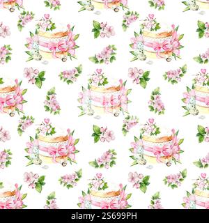 Nahtloses Aquarellmuster mit Osterkulich, dekorativen rosa Schleife und Kirschblüten, Frühlingsweidenzweigen, Blumen und dekorativen Eiern. Ideal für Urlaubsgestaltung, Verpackung und Textilien Stockfoto