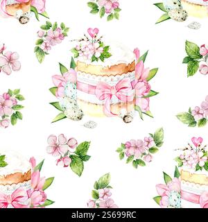 Nahtloses Aquarellmuster mit Osterkulich, dekorativen rosa Schleife und Kirschblüten, Frühlingsweidenzweigen, Blumen und dekorativen Eiern. Ideal für Urlaubsgestaltung, Verpackung und Textilien Stockfoto