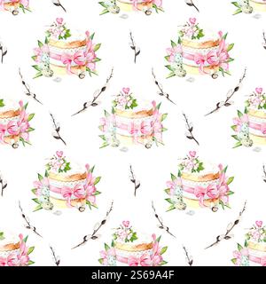 Nahtloses Aquarellmuster mit Osterkulich, dekorative rosa Schleife und Blumen, Frühlingsweidenzweige, dekorative verzierte Eier. Ideal für Urlaubsgestaltung, Verpackung und Textilien Stockfoto