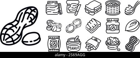 Symbole für Erdnuss festgelegt. Kontursatz von Erdnussvektorsymbolen für Webdesign isoliert auf weißem Hintergrund. Erdnusssymbole gesetzt, Umrissstil Stock Vektor