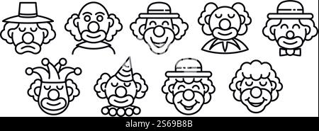 Clownsymbole gesetzt. Kontursatz von Clownvektorsymbolen für Webdesign isoliert auf weißem Hintergrund. Clownsymbole gesetzt, Umrissstil Stock Vektor
